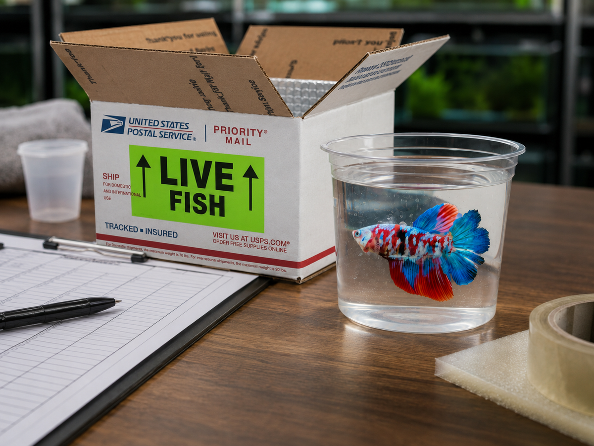 Colorful betta fish prepared for safe shipping