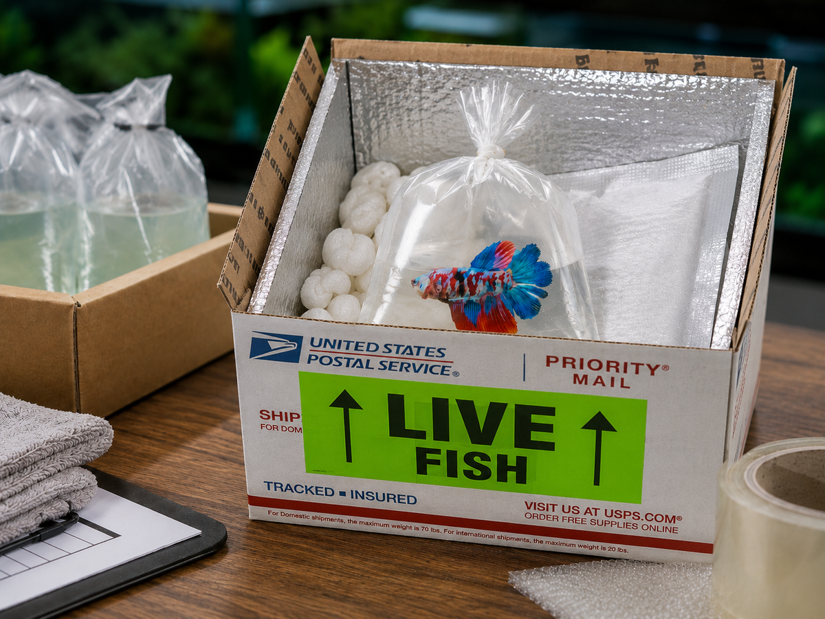 Colorful betta fish prepared for safe shipping