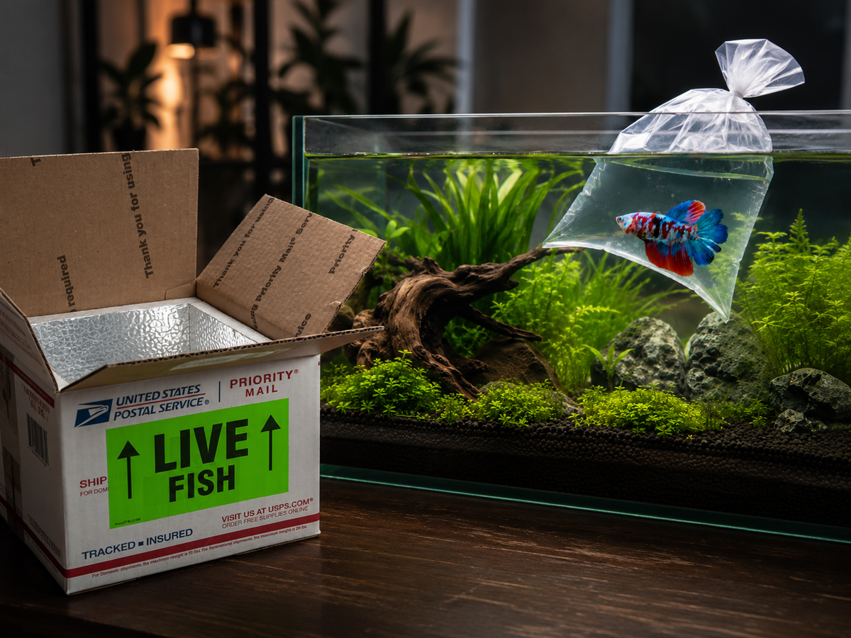 Colorful betta fish prepared for safe shipping